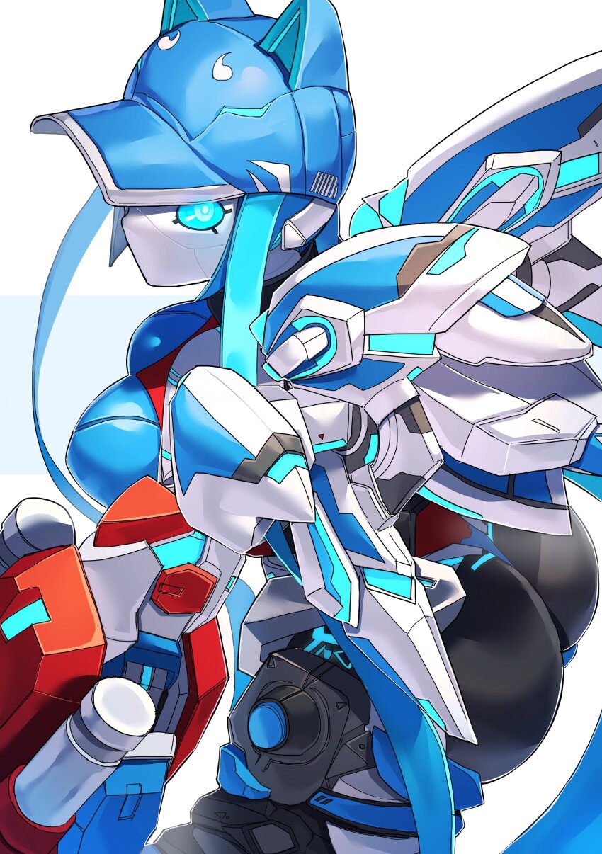 1girl absurdres animal_ears armor ass baseball_cap blue_eyes blue_hair blue_hat breasts cat_ears commission glowing glowing_eyes hakidashi_11 hat highres hip_armor humanoid_robot jet_(jetngs) large_breasts long_hair looking_at_viewer mechanical_arms mechanical_wings no_mouth original phantasy_star phantasy_star_online_2 robot robot_girl second-party_source skeb_commission solo white_background wings