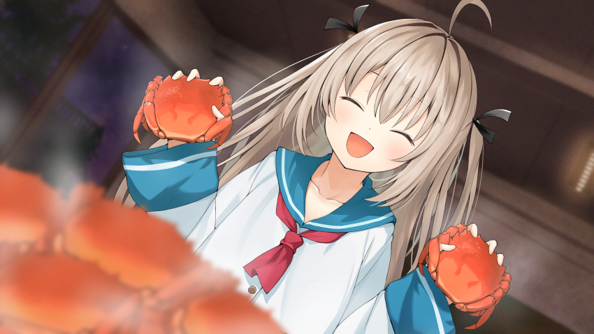 1girl :d ^_^ absurdres ahoge animal ascot atri atri-my_dear_moments- black_bow blue_sailor_collar blurry blurry_background blush bow brown_hair closed_eyes collarbone commentary crab depth_of_field dress dual_wielding dutch_angle facing_viewer film_grain hair_between_eyes hair_bow hands_up happy highres holding holding_animal indoors long_hair long_sleeves open_mouth red_ascot sailor_collar sailor_dress shiba_nanasei smile solo steam straight_hair two_side_up upper_body variant_set w_arms white_dress wide_sleeves