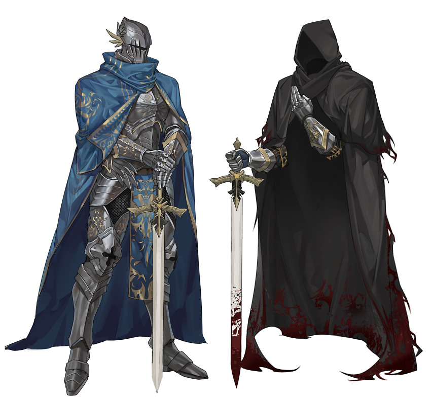 1boy a_knight_(reverse:1999) absurdres alternate_costume amykem armor black_cape blood blood_on_clothes bloody_weapon blue_cape breastplate cape dual_persona full_armor full_body gauntlets greaves hand_on_hilt hands_on_hilt helm helmet highres holding holding_sword holding_weapon hood hood_up hooded_cape invisible knight legs_apart male_focus multiple_views planted planted_sword planted_weapon plate_armor reverse:1999 sabaton standing sword weapon white_background