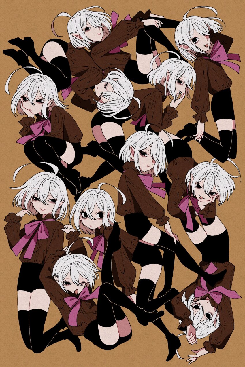 1boy ahoge arms_up ass bags_under_eyes bent_over black_boots black_eyes black_shorts bob_cut boots bow brown_background brown_shirt closed_eyes closed_mouth covering_own_mouth double-parted_bangs fang frilled_shirt frilled_sleeves frills from_side full_body hair_between_eyes half-closed_eyes hand_on_another&#039;s_thigh hand_over_own_mouth hand_up hands_on_own_knees head_on_hand highres in_air knee_up leg_up long_sleeves looking_at_viewer looking_to_the_side lying male_focus medium_hair midair ohayousan_084 on_side on_stomach one_eye_closed open_mouth original pale_skin parted_bangs pink_bow pointy_ears puffy_sleeves rose_(ohayousan_084) shirt short_hair shorts sideways_glance sleeping smile stretching teeth thigh_boots trap upper_teeth_only upside-down vampire white_hair yaoi
