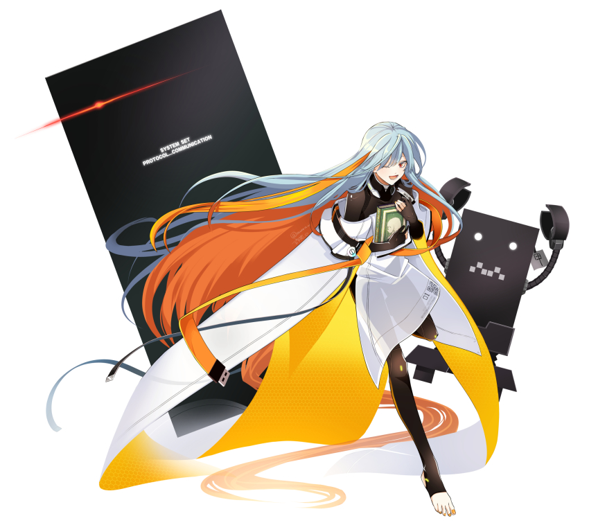 1girl ;d \o/ absurdly_long_hair arms_up barcode bodysuit book colored_inner_hair commentary_request counter:side english_text floating floating_hair full_body gloves glowing glowing_eyes grey_hair hair_between_eyes highres holding holding_book honeycomb_(pattern) leg_up light_blush long_hair looking_at_viewer machine-g.a.p. mechanical_arms monolith_(object) multicolored_hair nail_polish off_shoulder one_eye_closed open_mouth orange_hair orange_nails outstretched_arms partially_fingerless_gloves qr_code red_eyes robot sawara_w see-through_clothes sigma_(counter:side) smile stirrup_legwear streaked_hair toeless_legwear twitter_username unmoving_pattern usb very_long_hair white_background