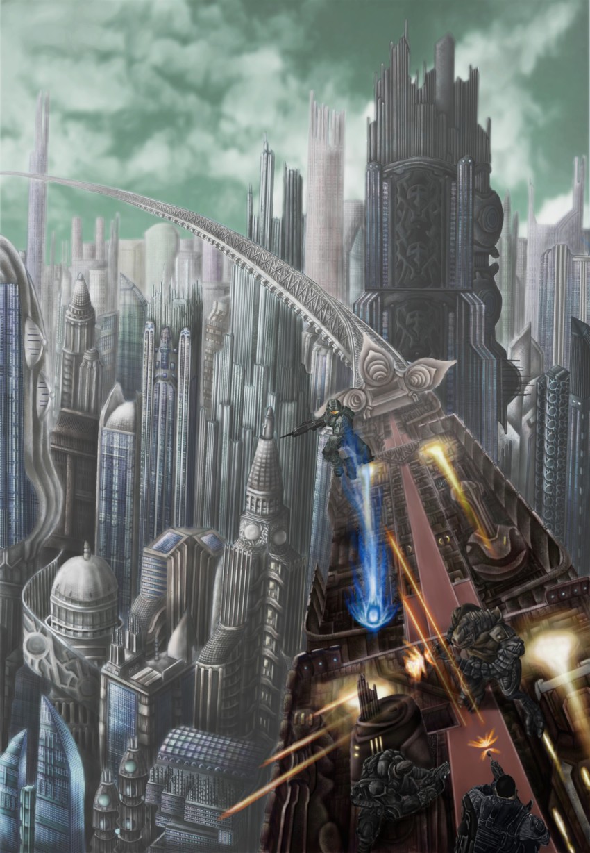2boys alien arbiter armor bad_id bad_pixiv_id battle cityscape crossover dominic_santiago epic explosive full_body gears_of_war grenade gun halo_(game) halo_(series) highres marcus_fenix master_chief_(halo) matsui0814 multiple_boys odst power_armor sangheili scenery science_fiction spartan spartan_(halo) train weapon