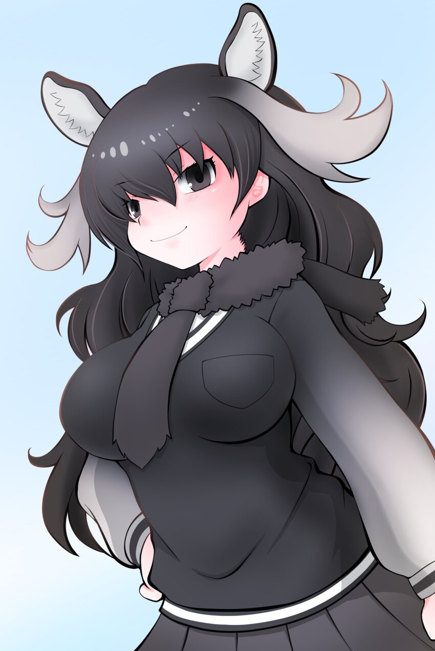 1girl animal_ears antlers blush brown_eyes brown_fur brown_hair brown_necktie brown_skirt brown_sweater cowboy_shot extra_ears fur_collar gradient_sweater grey_sweater hair_between_eyes hand_on_own_hip highres horns kemono_friends long_hair long_sleeves moose_(kemono_friends) moose_antlers moose_ears moose_girl necktie pleated_skirt puffy_sleeves shizuraku sidelocks skirt solo sweater