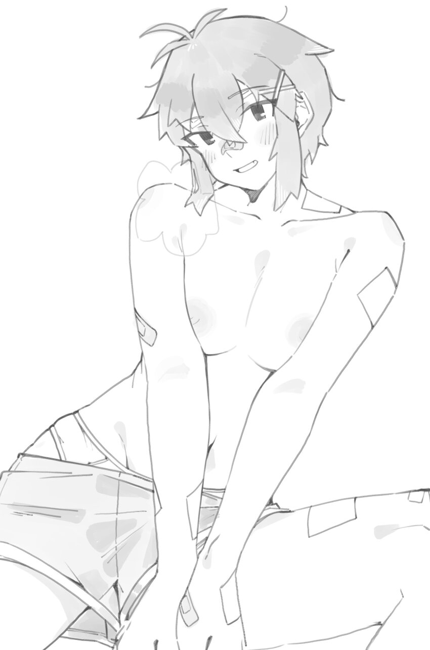 1girl absurdres bandaid bandaid_on_arm bandaid_on_face bandaid_on_nose blush breasts breasts_squeezed_together commentary cowboy_shot fukana_miyu_(kokuya28) greyscale grin hair_ornament highres kokuya_(kokuya28) looking_at_viewer monochrome nipples original short_hair shorts simple_background smile solo tomboy topless_female x_hair_ornament