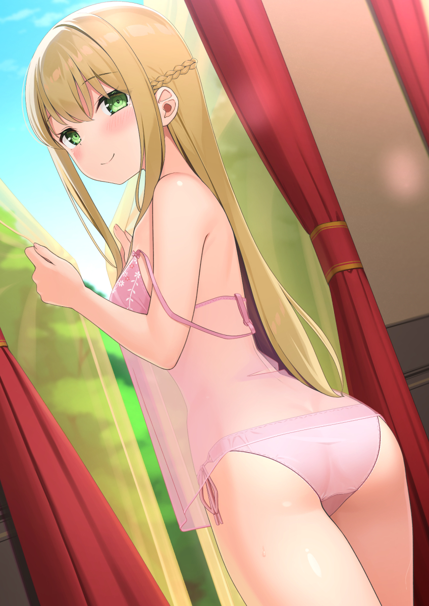 1girl apollo_(hu_maple) arched_back ass babydoll bare_shoulders blonde_hair braid breasts cowboy_shot curtains dot_nose dutch_angle fingernails green_eyes hair_between_eyes hair_intakes half_up_braid highres holding_curtain indoors light_blush long_hair looking_at_viewer looking_back original panties pink_babydoll pink_panties side-tie_panties small_breasts smile split_mouth strap_slip underwear