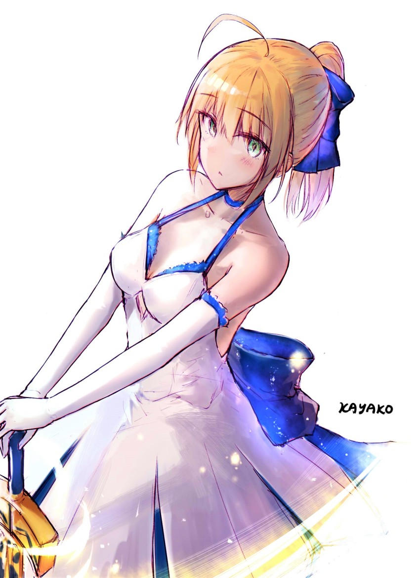 1girl ahoge artist_name artoria_pendragon_(fate) back_bow bad_id bad_pixiv_id blonde_hair blue_bow blunt_bangs bow breasts cleavage collarbone dress elbow_gloves excalibur_(fate/stay_night) fate/stay_night fate_(series) female_focus gloves green_eyes hair_between_eyes hair_bow halterneck hands_on_hilt highres kayakooooo long_dress long_hair official_alternate_costume official_alternate_hairstyle ponytail saber_(fate) saber_(pure_night_dress)_(fate) sidelocks sketch sleeveless sleeveless_dress solo standing white_dress white_gloves