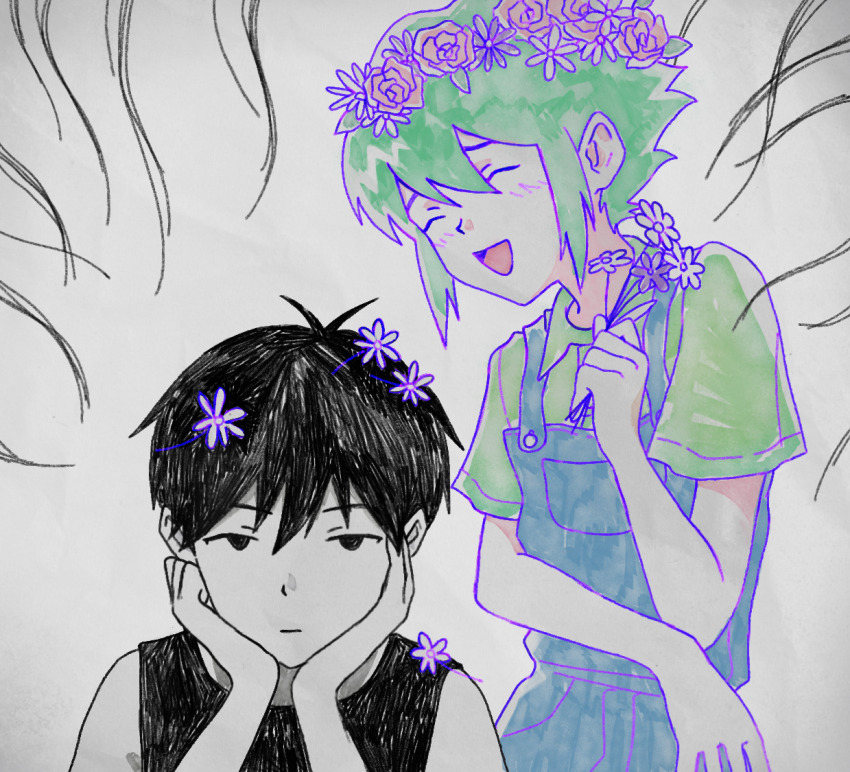 1990s_(style) 2boys antenna_hair basil_(headspace)_(omori) basil_(omori) black_eyes black_hair black_tank_top blue_overalls blush closed_mouth collared_shirt commentary double-parted_bangs english_commentary expressionless flower flower_wreath green_hair green_shirt hands_on_own_cheeks hands_on_own_face head_wreath holding holding_flower looking_at_viewer male_focus multiple_boys omori omori_(omori) open_mouth overalls retro_artstyle sapgoon shirt short_hair short_sleeves sidelocks smile tank_top