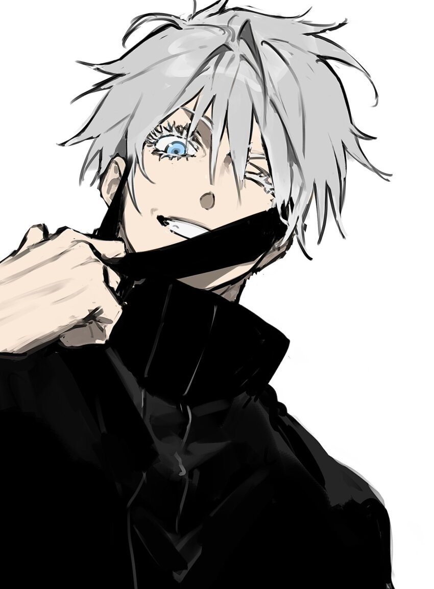 1boy black_jacket blue_eyes clenched_teeth commentary_request dutch_angle eyelashes gojou_satoru hair_between_eyes high_collar highres jacket jujutsu_kaisen looking_at_viewer ma0ma0_0 male_focus one_eye_closed short_hair simple_background smile solo teeth upper_body white_background white_hair