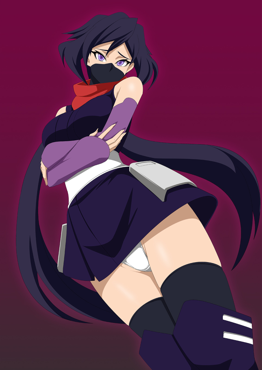 10s 1girl abu ayame_(gundam_build_divers) black_hair black_thighhighs breasts crossed_arms elbow_gloves female_focus game_cg gloves gundam gundam_build_divers highres japanese_clothes large_breasts lime_(purple_haze) long_hair looking_at_viewer mask mouth_mask ninja panties purple_eyes scarf simple_background solo thighhighs underwear