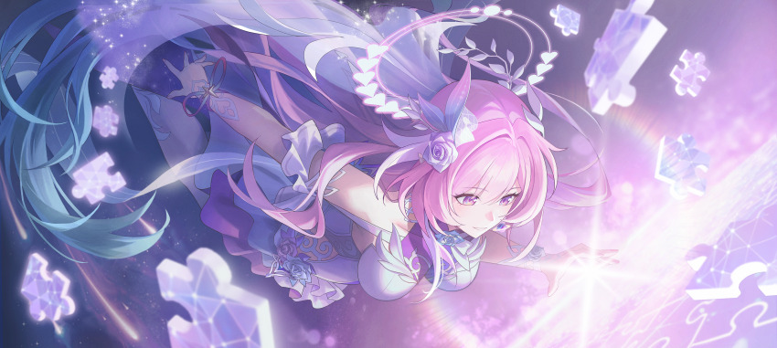 1girl abdooly111 absurdres bare_shoulders blue_hair breasts commentary cyrene_(honkai:_star_rail) cyrene_(ripples_of_past_reverie)_(honkai:_star_rail) diamond-shaped_pupils diamond_(shape) dress flower gradient_hair hair_flower hair_ornament highres honkai:_star_rail honkai_(series) large_breasts long_hair looking_ahead looking_at_viewer multicolored_hair parted_lips pink_eyes pink_hair purple_flower purple_rose puzzle_piece rose smile solo symbol-shaped_pupils very_long_hair white_dress