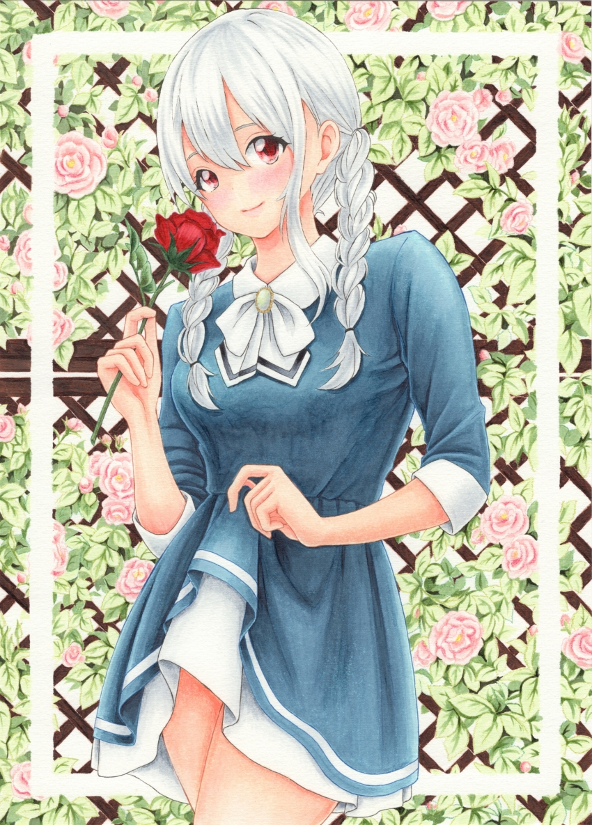1girl absurdres blue_dress blush border bow bowtie braid braided_twintails brooch closed_mouth clothes_lift collared_dress commentary_request cowboy_shot double-parted_bangs dress floral_background flower hair_between_eyes highres holding holding_flower jewelry layered_dress lifting_own_clothes light_smile long_bangs long_hair long_sidelocks looking_at_viewer marker_(medium) midori_(mira567) original outside_border pink_flower pink_rose red_eyes red_flower red_rose rose sidelocks skirt skirt_lift solo standing three-quarter_sleeves traditional_media white_border white_bow white_bowtie white_hair