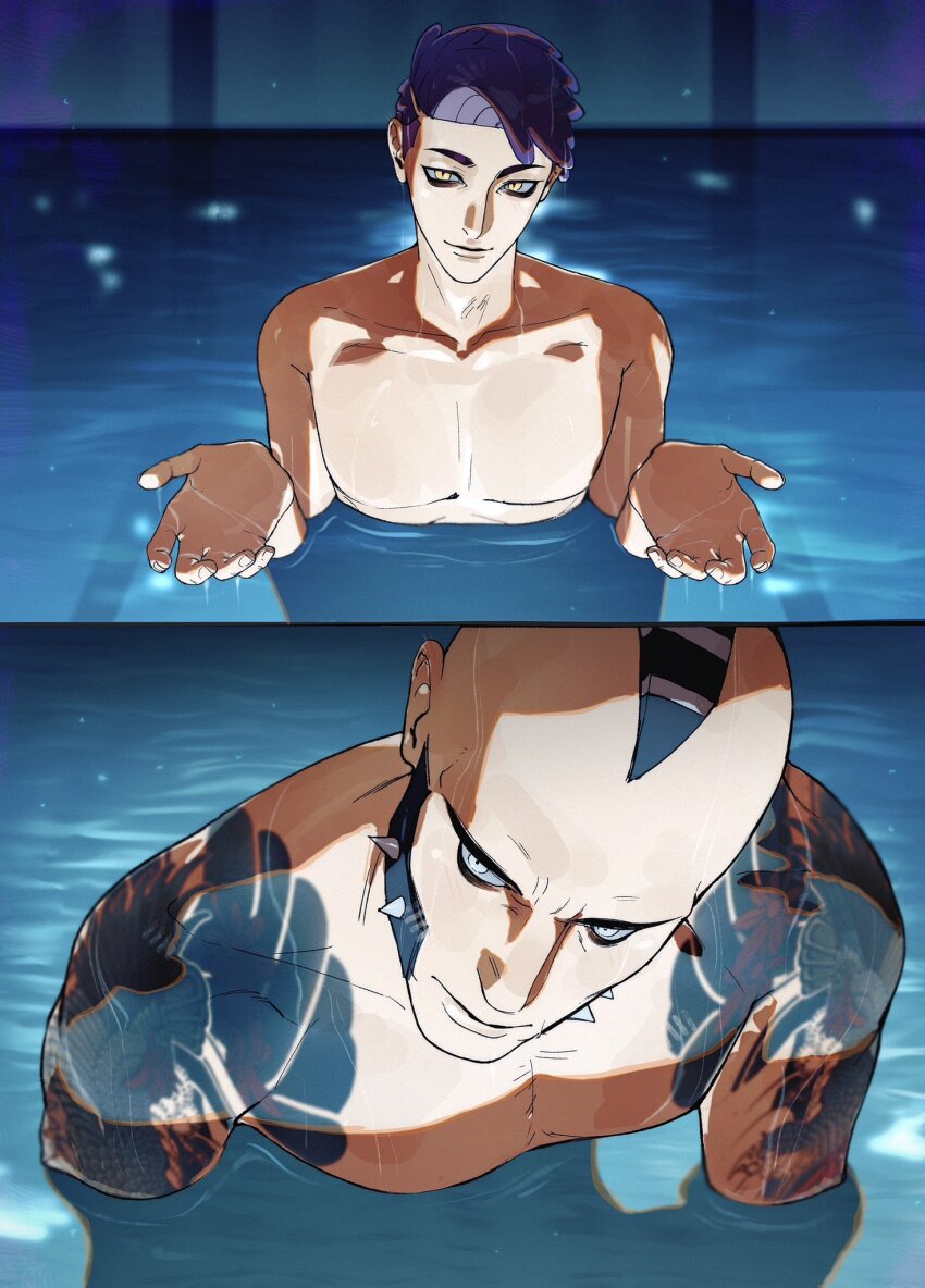 2boys arm_tattoo closed_mouth corbeau_(pokemon) highres i&#039;ll_teach_you_everything_(chainsaw_man) implied_nudity looking_at_another male_focus movie_reference multiple_boys nintendo philippe_(pokemon) pokemon pokemon_legends:_z-a pool purple_hair scene_reference short_hair shoulder_tattoo shu0718 sideburns skinny_dipping smile tattoo undercut water wet wet_hair white_eyes yaoi yellow_eyes