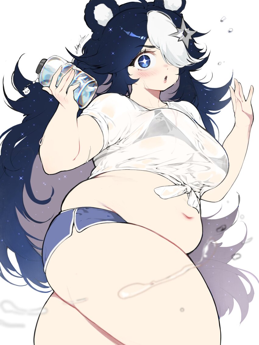 1girl absurdres aglaya_corl animal_ears artist_request bear_ears belly bikini bikini_top_only bikini_under_clothes black_bikini blue_eyes blue_hair blue_shorts blush bottle breasts commission crop_top from_side hair_over_one_eye highres large_breasts lips long_hair multicolored_hair navel one_eye_covered open_mouth original plastic_bottle plump see-through_clothes see-through_shirt shirt short_shorts shorts shuriken_hair_ornament solo sparkling_eyes spilling standing starry_hair swimsuit t-shirt thick_thighs thighs tied_shirt two-tone_hair very_long_hair water_bottle wet wet_clothes wet_shirt white_background white_hair white_shirt