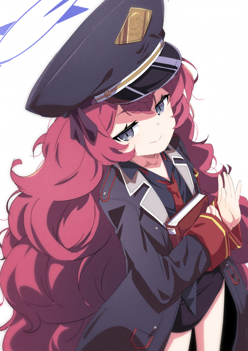 1girl black_shirt black_skirt blue_archive book closed_mouth collarbone collared_shirt fluffy_hair hair_between_eyes halo hat highres holding holding_book iroha_(blue_archive) jacket long_hair looking_at_viewer loose_necktie military_hat military_jacket mukai necktie open_hand peaked_cap pencil_skirt purple_eyes purple_halo red_hair red_necktie shirt simple_background skirt slit_pupils smile solo wavy_hair white_background