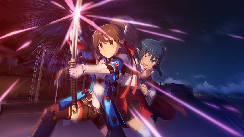 2girls armor black_hair black_shorts blocking blue_eyes brown_hair cosplay crossover game_cg gauntlets headgear holding holding_sword holding_weapon katana long_hair multiple_girls night night_sky official_art one_eye_closed open_mouth outdoors pointy_ears rena_lanford saionji_reimi saionji_reimi_(cosplay) short_hair shorts skirt sky star_ocean star_ocean_anamnesis sword thighhighs toji_no_miko toji_no_miko:_kizamishi_issen_no_tomoshibi v-shaped_eyebrows weapon white_thighhighs yamashiro_yui