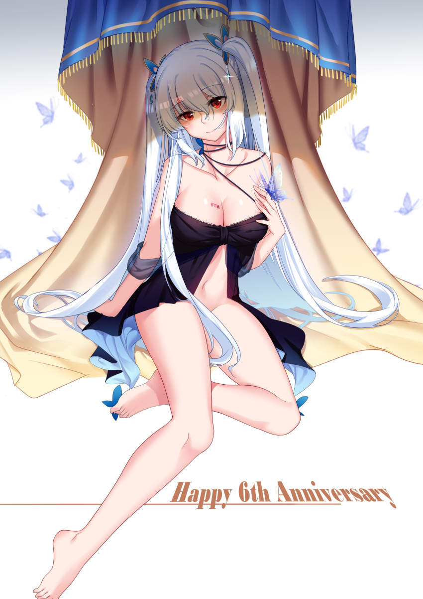 1girl absurdres aer_(tengqiu) bare_shoulders black_dress blue_butterfly breasts bug butterfly butterfly_hair_ornament choker cleavage closed_mouth collarbone dress essex_(warship_girls_r) hair_between_eyes hair_ornament halterneck hand_on_own_chest head_tilt highres insect large_breasts long_hair looking_at_viewer navel red_eyes smile solo tattoo twintails two_side_up upper_body very_long_hair warship_girls_r white_hair