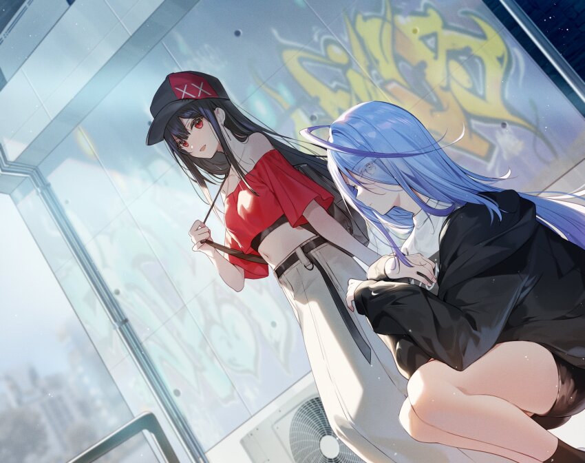 2girls :d ahoge backpack bag bare_legs baseball_cap belt black_hair black_shorts condenser_unit cropped_shirt dutch_angle graffiti hair_over_one_eye hat high-waist_pants highres ikebukuro_shiika jacket kao_sae_yokereba_ii_kyoushitsu long_hair midriff multiple_girls necomi novel_illustration off_shoulder official_art open_clothes open_jacket open_mouth otsuka_tatsuki pants purple_hair red_eyes second-party_source shorts sideways_glance sitting smile standing strap_pull yellow_eyes