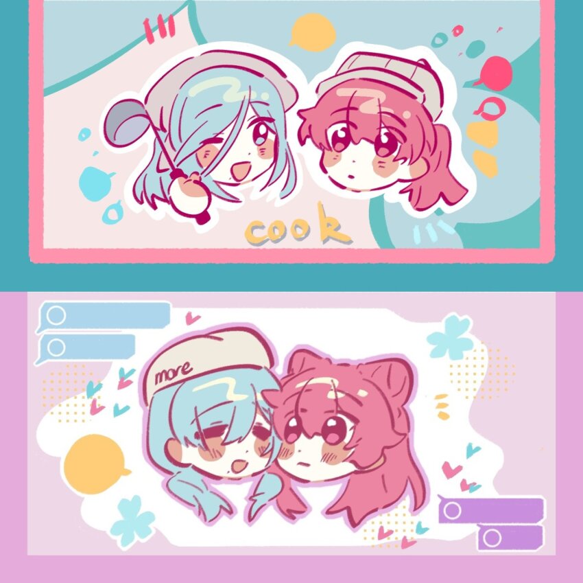 2girls ;d blue_hair blush cheek-to-cheek chibi chibi_only closed_eyes commentary cone_hair_bun double_bun grey_hat hair_between_eyes hair_bun hashtag-only_commentary hat head_only heads_together highres hinomori_shizuku holding holding_ladle ladle long_hair long_hair_between_eyes looking_at_another low_twintails mole mole_under_mouth momoi_airi multiple_girls notice_lines one_eye_closed open_mouth pink_eyes pink_hair ponytail project_sekai smile twintails woodonly yuri