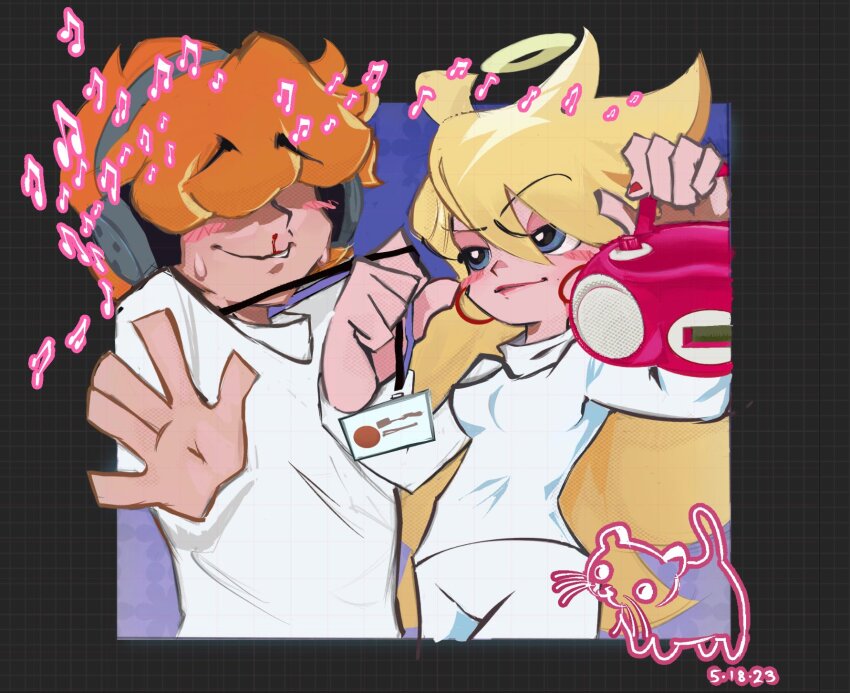 1boy 1girl angels_of_passion blonde_hair boombox commentary cosplay curly_hair dated english_commentary garterbelt_(psg) grid headphones highres holding_boombox larry_(angels_of_passion) larry_(angels_of_passion)_(cosplay) long_hair long_sleeves official_style orange_hair pants panty_&amp;_stocking_with_garterbelt panty_(psg) short_hair sweater toon_(style) turtleneck ulterior_motives_(song) white_pants white_sweater zvactz