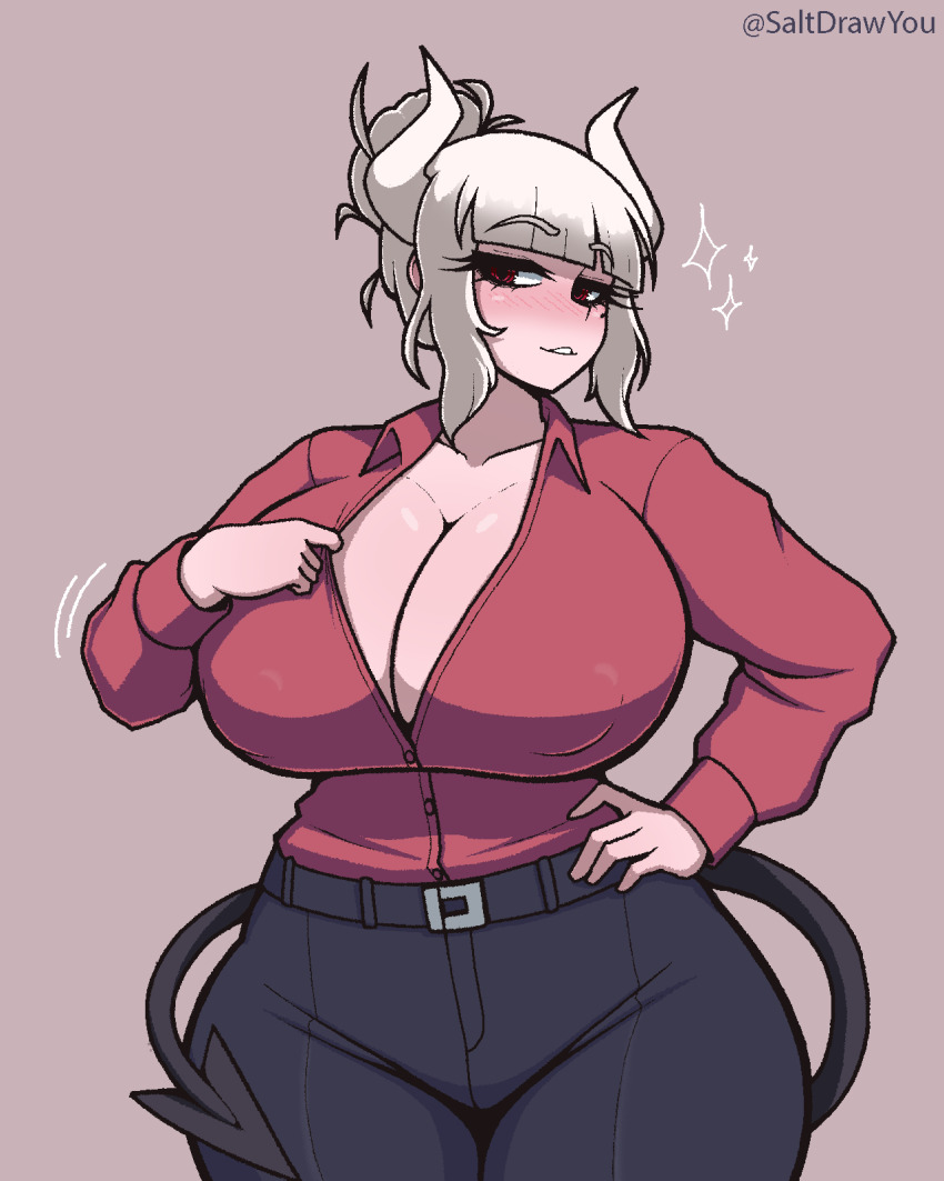 1girl absurdres artist_name belt belt_buckle black_belt black_pants black_tail blunt_bangs blush breasts buckle cleavage clothes_pull collarbone commentary commission curvy demon_girl demon_horns demon_tail english_commentary hair_bun hand_on_own_hip hand_up helltaker highres horns huge_breasts long_sleeves looking_at_viewer lucifer_(helltaker) mole mole_under_eye pants parted_lips red_eyes red_shirt saltdrawyou shirt shirt_pull shirt_tug short_hair sidelocks simple_background single_hair_bun smile solo tail white_hair white_horns
