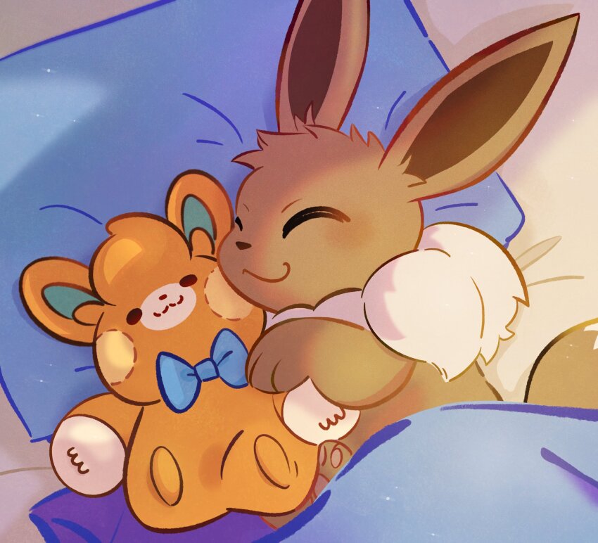 animal_focus blanket closed_mouth eevee gen_1_pokemon highres june_buns nintendo no_humans pawmi pawpads pillow pokemon pokemon_(creature) sleeping smile stuffed_toy