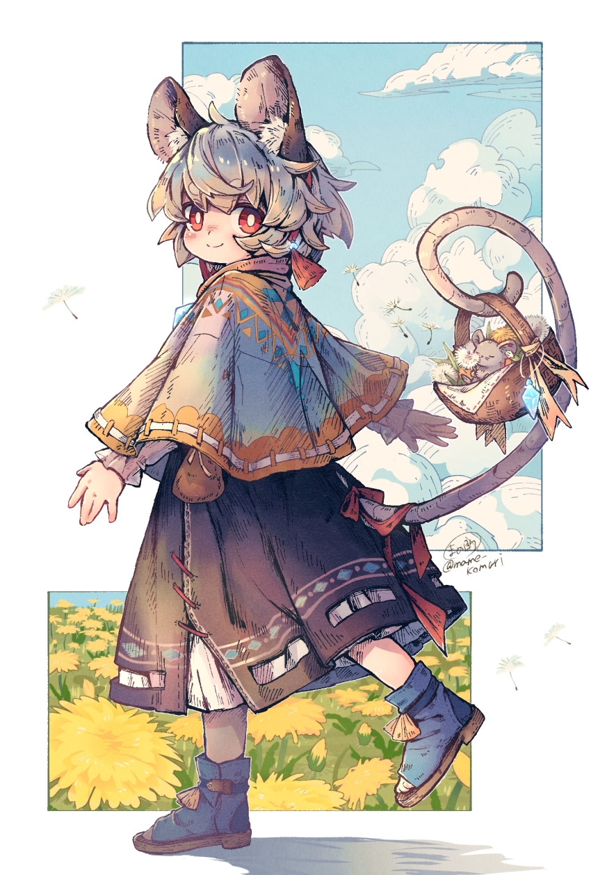 1girl animal_ears basket black_boots black_skirt blush boots bright_pupils capelet closed_mouth cloud commentary_request day flower foot_up full_body grey_capelet grey_hair highres holding holding_basket long_sleeves looking_at_viewer mame_komari mouse_(animal) mouse_ears mouse_girl mouse_tail nazrin open-toe_boots outdoors pouch prehensile_tail red_eyes short_hair skirt smile solo spring_(season) standing standing_on_one_leg sunflower tail thick_eyebrows touhou twitter_username yellow_flower
