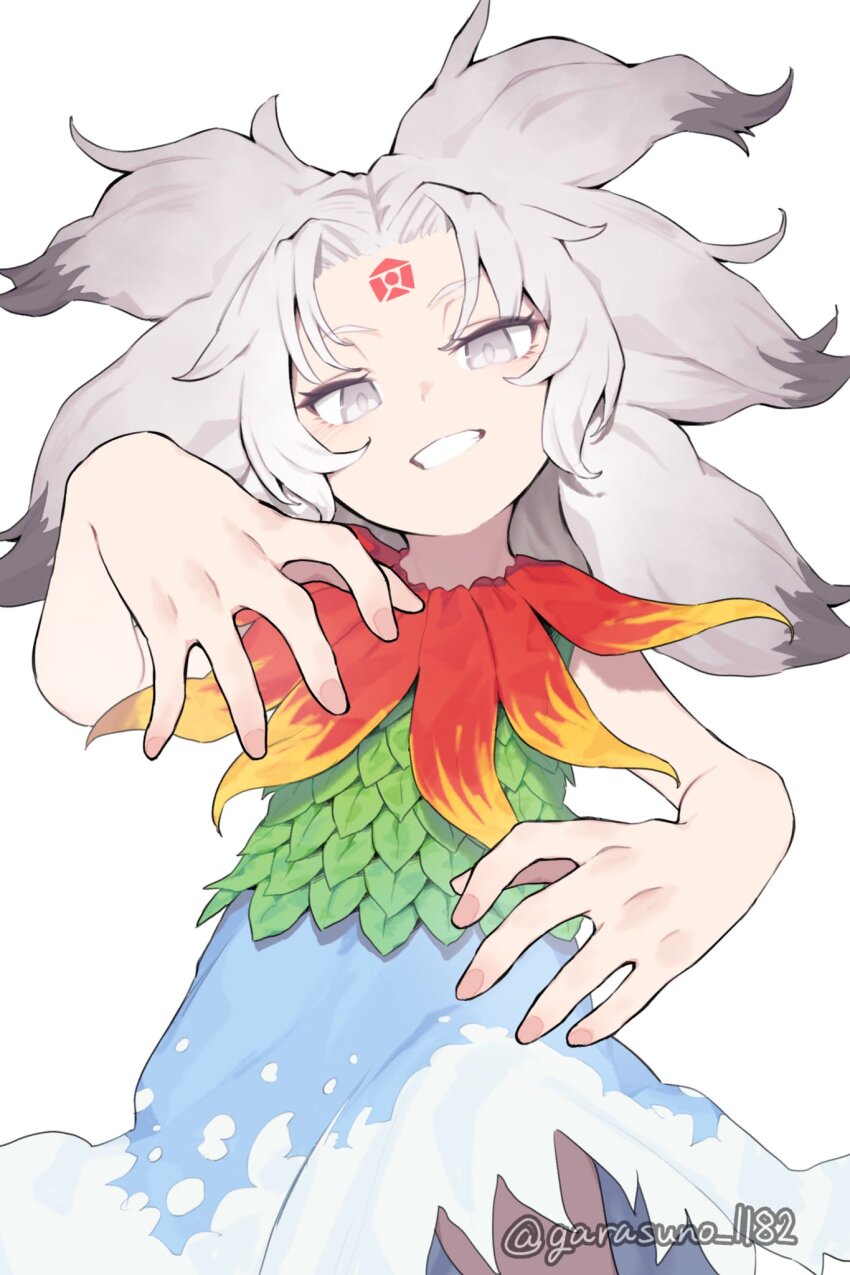 1girl blue_skirt colored_tips commentary_request cowboy_shot curtained_hair facial_mark forehead_mark garasuno grey_eyes grey_hair highres houjuu_chimi leaf_clothing leaf_shirt long_hair looking_at_viewer multicolored_hair open_mouth simple_background skirt smile solo teeth touhou twitter_username white_background