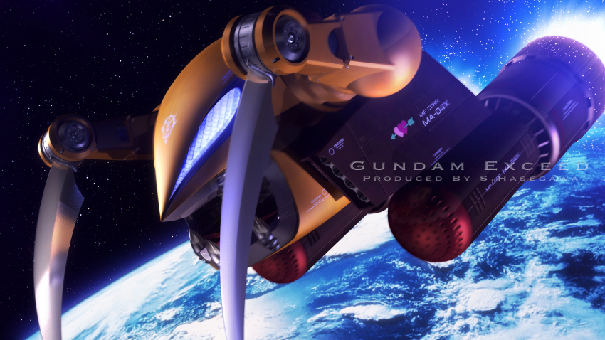 3d character_name cloud earth_(planet) english_text gundam highres in_orbit insignia mecha mecha_focus mobile_armor mobile_suit_gundam no_humans planet robot roundel s.hasegawa science_fiction signature space thrusters when_you_see_it zakrello zeon