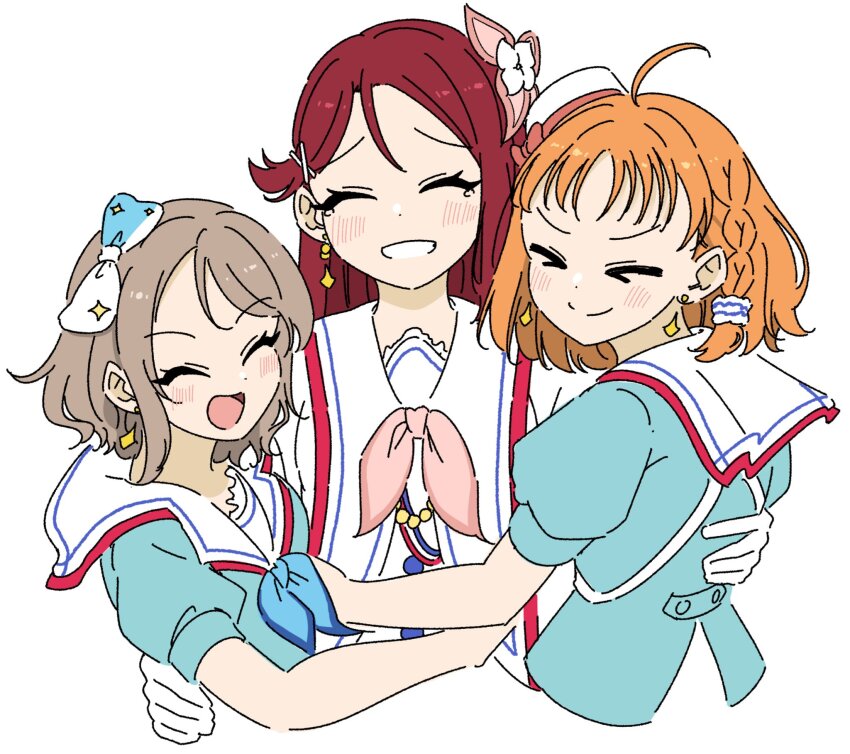 3girls ^_^ ahoge aozora_jumping_heart blue_bow blue_shirt blush bow braid closed_eyes closed_mouth commentary earrings flower grey_hair grin hair_bow hair_flower hair_ornament highres jewelry llkapital love_live! love_live!_sunshine!! medium_hair multiple_girls official_alternate_costume open_mouth orange_hair puffy_short_sleeves puffy_sleeves red_hair sailor_collar sailor_shirt sakurauchi_riko shirt short_hair short_sleeves side_braid simple_background smile split_mouth takami_chika watanabe_you white_background white_flower white_sailor_collar white_shirt x_hair_ornament