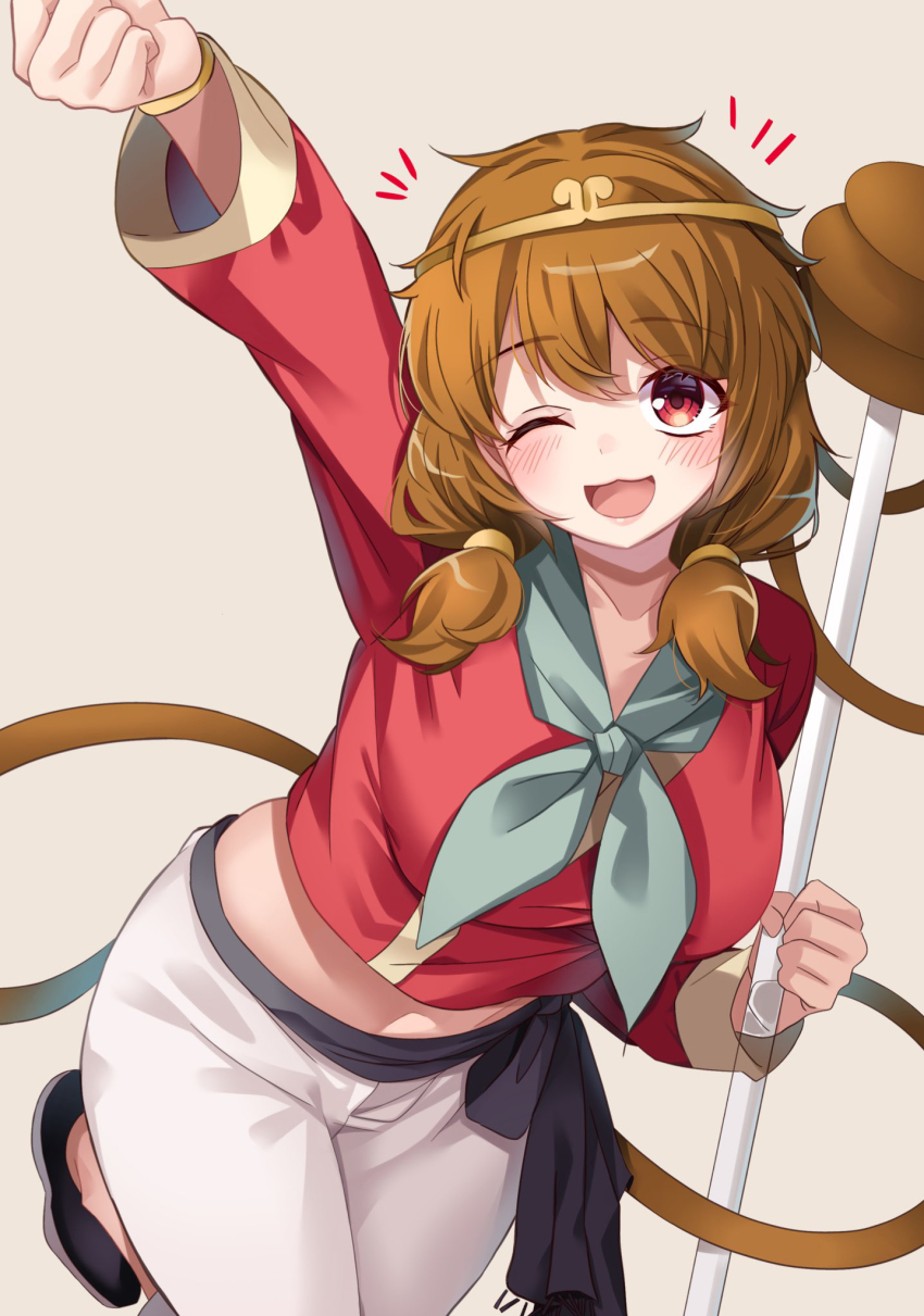 1girl alternate_costume arm_up blush bo_staff breasts brown_hair circlet commentary_request green_neckerchief highres leg_up long_hair long_sleeves looking_at_viewer low_twintails meimei_(meimei89008309) midriff monkey_girl monkey_tail multi-source_commentary neckerchief one_eye_closed open_mouth pants red_eyes red_shirt ruyi_jingu_bang shirt smile solo son_biten tail tail_wrap touhou twintails white_pants