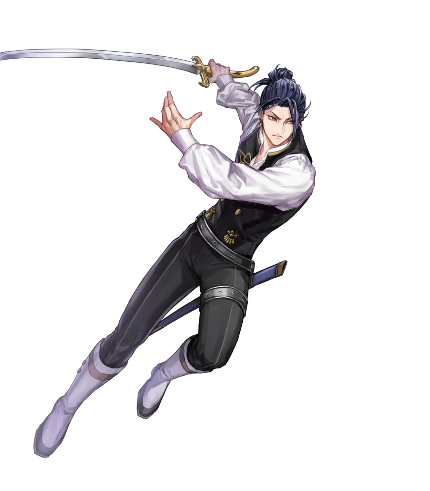 1boy belt black_belt black_vest blue_hair boots felix_hugo_fraldarius fire_emblem fire_emblem:_three_houses fire_emblem_heroes full_body garreg_mach_monastery_uniform hair_bun highres holding holding_sword holding_weapon kuroba.k male_focus nintendo official_art orange_eyes scabbard sheath shirt short_hair solo sword vest weapon white_boots white_shirt