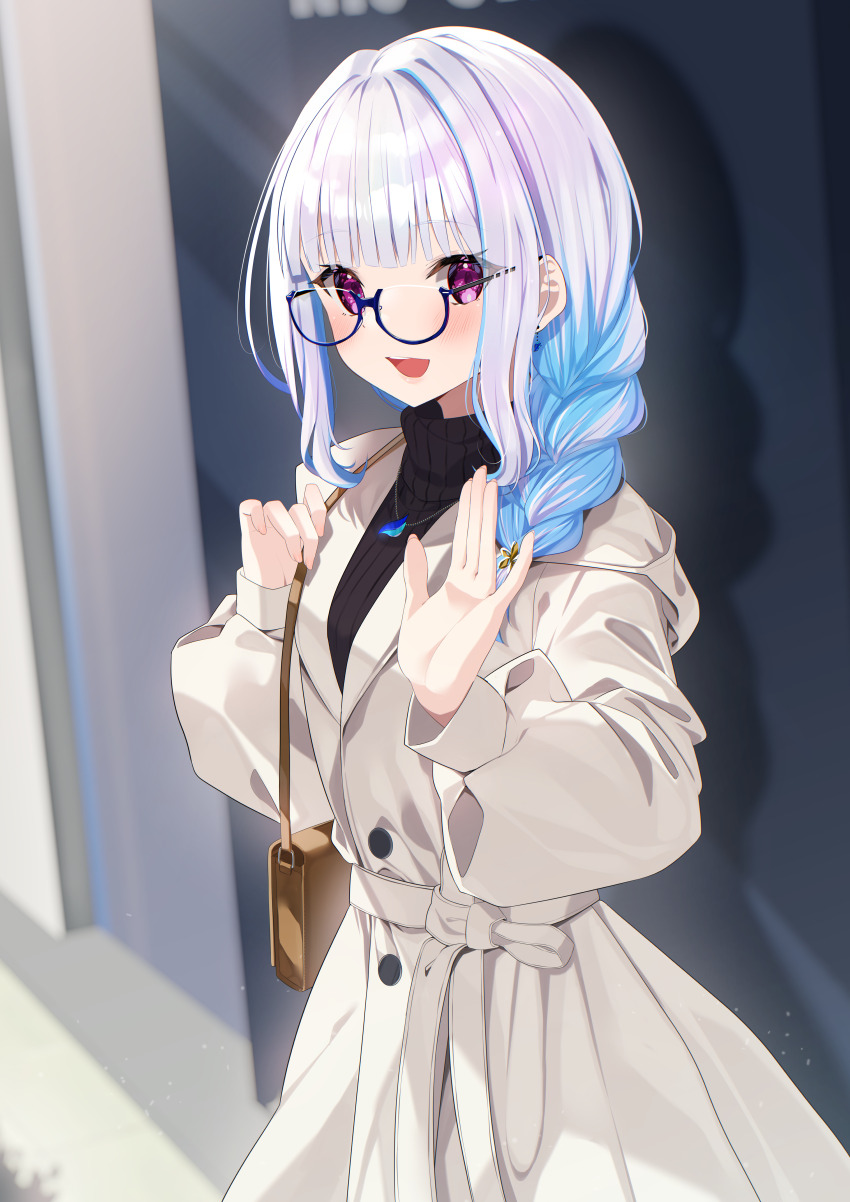 1girl :d absurdres alternate_costume bag bespectacled black_sweater blue-framed_eyewear blue_hair blurry blurry_background blush borumete braid brown_bag brown_coat coat commentary_request glasses hand_up highres hood hood_down hooded_coat lize_helesta long_hair long_sleeves looking_at_viewer multicolored_hair nijisanji open_mouth puffy_long_sleeves puffy_sleeves purple_eyes semi-rimless_eyewear shoulder_bag sidelocks smile solo sweater teeth two-tone_hair under-rim_eyewear upper_teeth_only virtual_youtuber waving white_hair