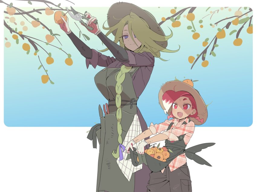 +_+ 1boy 1girl :d apron apron_lift braid branch breasts bright_pupils brown_hat character_request closed_mouth clothes_lift commentary copyright_request cowboy_shot dark-skinned_female dark_skin dress fang food fruit gardening_shears gloves green_apron green_hair green_hat hair_behind_ear hair_between_eyes hair_over_one_eye hat height_difference highres holding huge_breasts layered_sleeves lifting_own_clothes long_hair long_sleeves medium_hair ohta_guk_hip open_mouth orange_(fruit) plaid_clothes plaid_shirt purple_dress purple_eyes red_eyes red_hair red_shirt shears shirt short_over_long_sleeves short_sleeves simple_background smile symbol-only_commentary twin_braids very_long_hair white_gloves yellow_pupils