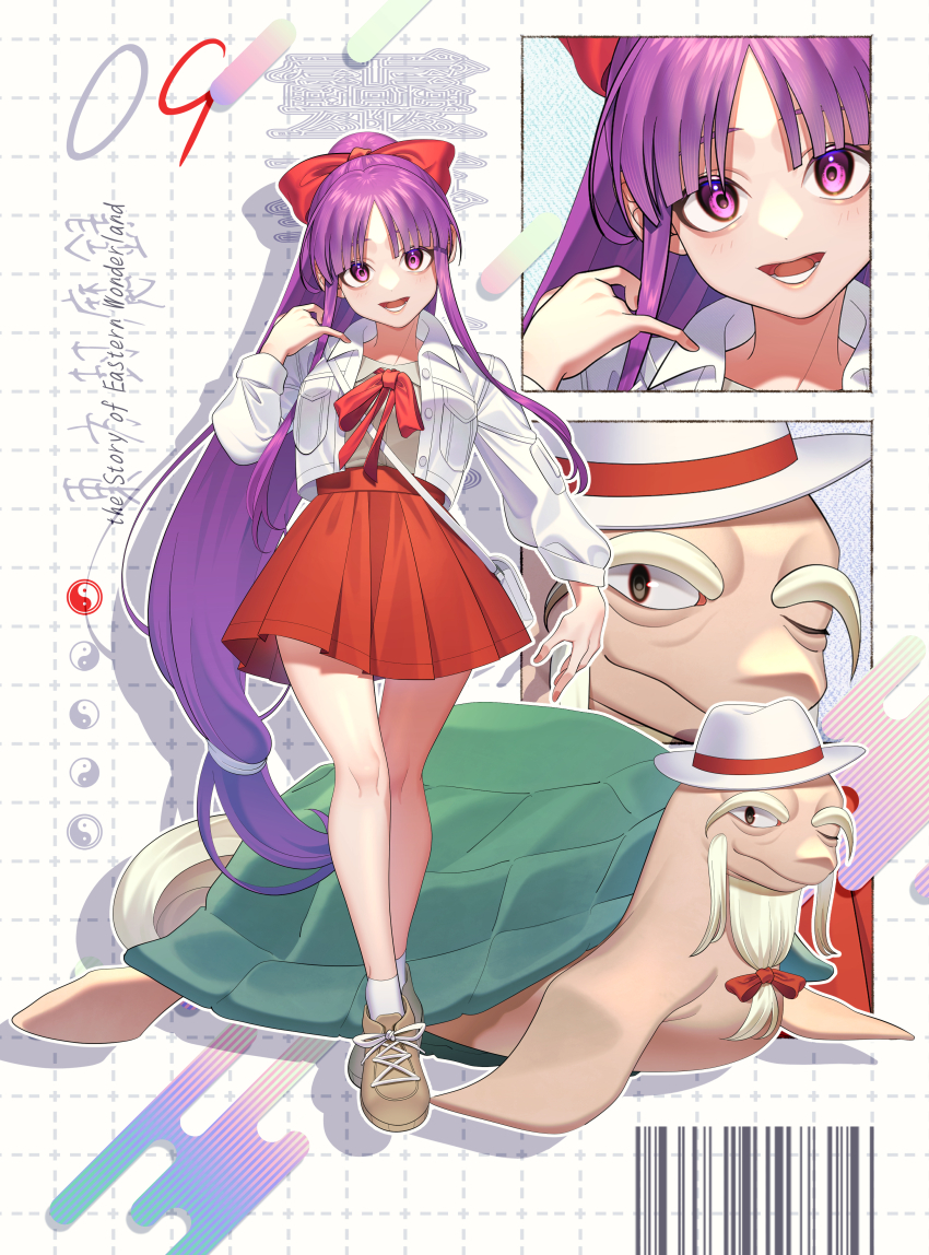 1girl absurdres adapted_costume barcode beard beard_bow bow character_name copyright_name facial_hair genjii_(touhou) guumin hair_bow hakurei_reimu hakurei_reimu_(pc-98) hat highres jacket long_hair long_sleeves numbered one_eye_closed open_mouth puffy_sleeves purple_eyes purple_hair red_bow red_skirt ribbon skirt smile story_of_eastern_wonderland touhou touhou_(pc-98) turtle white_hat white_jacket yin_yang
