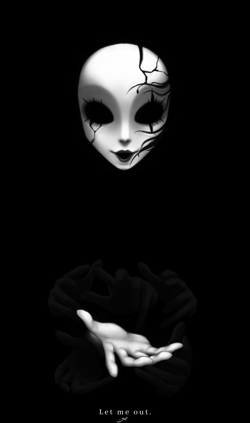 1girl absurdres blending broken_mask commentary english_text extra_hands greyscale hashtag-only_commentary highres hollow_eyes mask monochrome mr_andres0n open_hand princess_(slay_the_princess) slay_the_princess solo the_nightmare_(slay_the_princess)