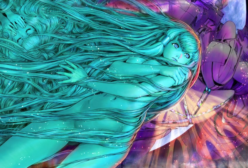 2girls blue_eyes blue_hair blue_lips breasts colored_skin completely_nude convenient_censoring dianna_soreil earth_(planet) green_skin gundam hair_tubes hand_on_own_arm hands_on_own_face highres kihel_heim light_frown long_hair looking_at_viewer looking_to_the_side mecha medium_breasts mobile_suit multiple_girls navel nipples nude open_hand planet robot science_fiction turn_a_gundam turn_x underboob very_long_hair yasuda_akira