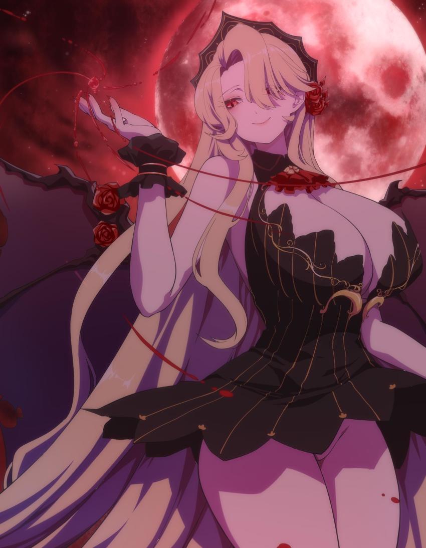 1girl ascot bare_shoulders bat_wings black_dress blonde_hair blood breasts center_opening clover_theater crown dress eyes_visible_through_hair flower hair_over_one_eye highres large_breasts long_hair looking_at_viewer magic minodora_(clover_theater) moon nail_polish night pale_skin pantyhose red_ascot red_eyes red_flower red_moon red_nails red_rose rose short_dress smile solo very_long_hair white_pantyhose wind wind_lift wings xiao_shei..
