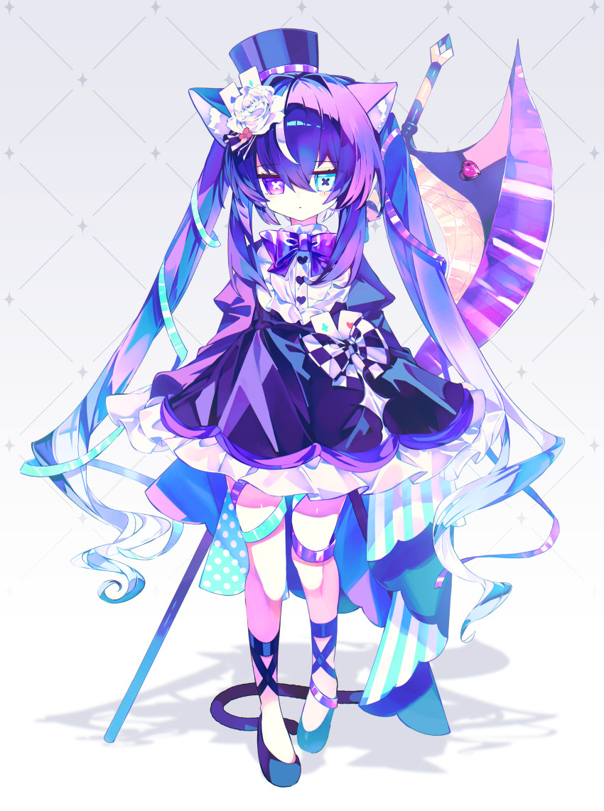 1girl absurdres animal_ears aqua_eyes axe battle_axe bib_collar black_dress black_hat blue_shoes blush bow bright_pupils buttons card cat_ears cat_girl cat_tail checkered_bow checkered_clothes closed_mouth collared_dress commentary_request dress expressionless flower frilled_dress frilled_shirt_collar frills full_body green_ribbon grey_background hair_flower hair_ornament hat heart_button heterochromia highres jitome juliet_sleeves long_hair long_sleeves meto_(metrin) mole mole_under_eye original playing_card puffy_sleeves purple_dress purple_eyes purple_ribbon ribbon rose shoes solo symbol-shaped_pupils tail top_hat twintails weapon white_flower white_pupils white_rose x-shaped_pupils