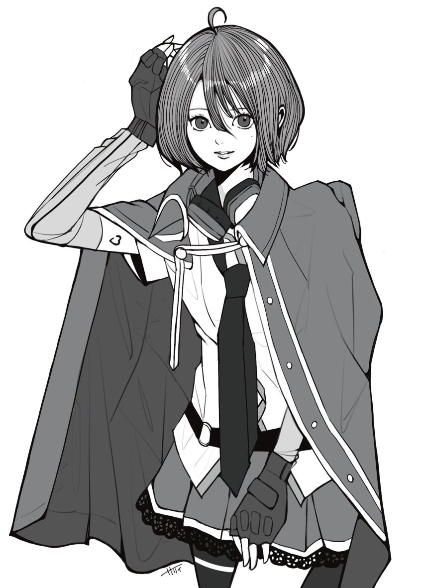 1girl actor actor_connection ahoge arm_tattoo arm_up artist_name assault_lily awatsu_mai belt cloak commentary cosplay detached_sleeves fingerless_gloves gloves greyscale hair_between_eyes hand_on_own_head hand_on_own_thigh headphones headphones_around_neck heart heart_tattoo highres kawamura_yuzuriha kawamura_yuzuriha_(cosplay) lace lace-trimmed_skirt lace_trim light_smile long_bangs long_sleeves looking_at_viewer loose_belt loose_necktie miniskirt mole mole_under_eye monochrome necktie o-ring o-ring_belt odaiba_girls_high_school_uniform parted_lips photo-referenced pleated_skirt real_life sally_(allogkk) school_uniform shirt short_hair short_sleeves single_leg_pantyhose skirt solo standing tattoo