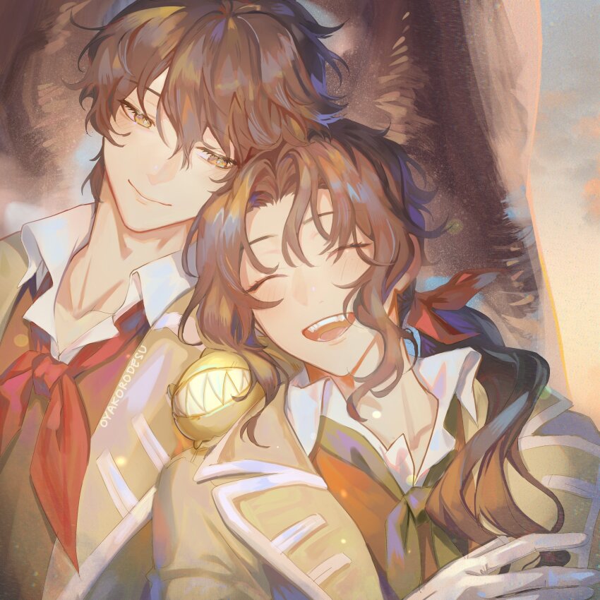 2boys black_ribbon brothers brown_hair brown_vest closed_eyes closed_mouth coat creature creature_on_shoulder d.gray-man dress_shirt gloves hair_ribbon highres long_hair looking_at_another lying_on_person mana_walker multiple_boys nea_d_campbell on_shoulder open_mouth oyakorodesu ponytail red_ribbon ribbon shirt siblings signature smile timcanpy tree vest white_gloves white_shirt yellow_coat yellow_eyes