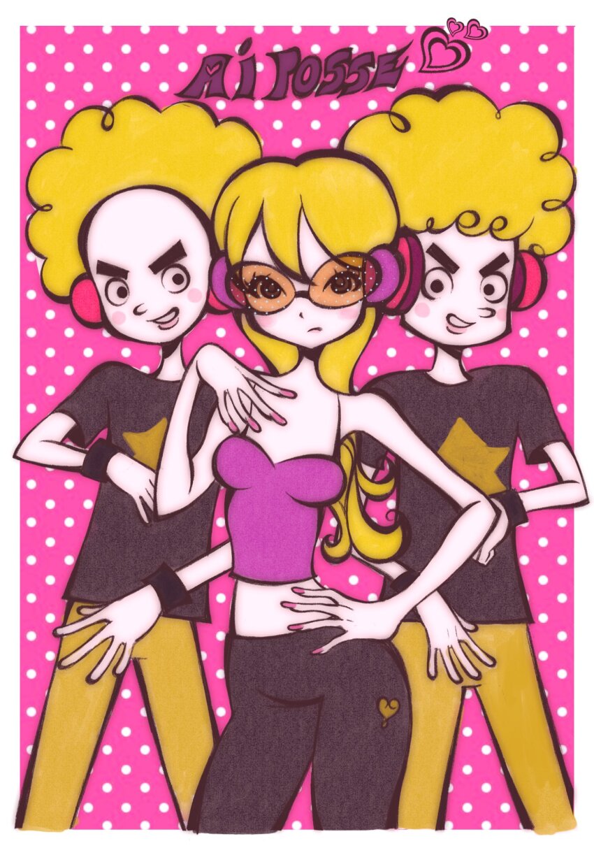 afro blonde_hair blush breasts crop_top eyelashes headphones highres lilitafaery lips long_hair medium_breasts midriff pale_skin pants rhythm_tengoku shirt sunglasses t-shirt