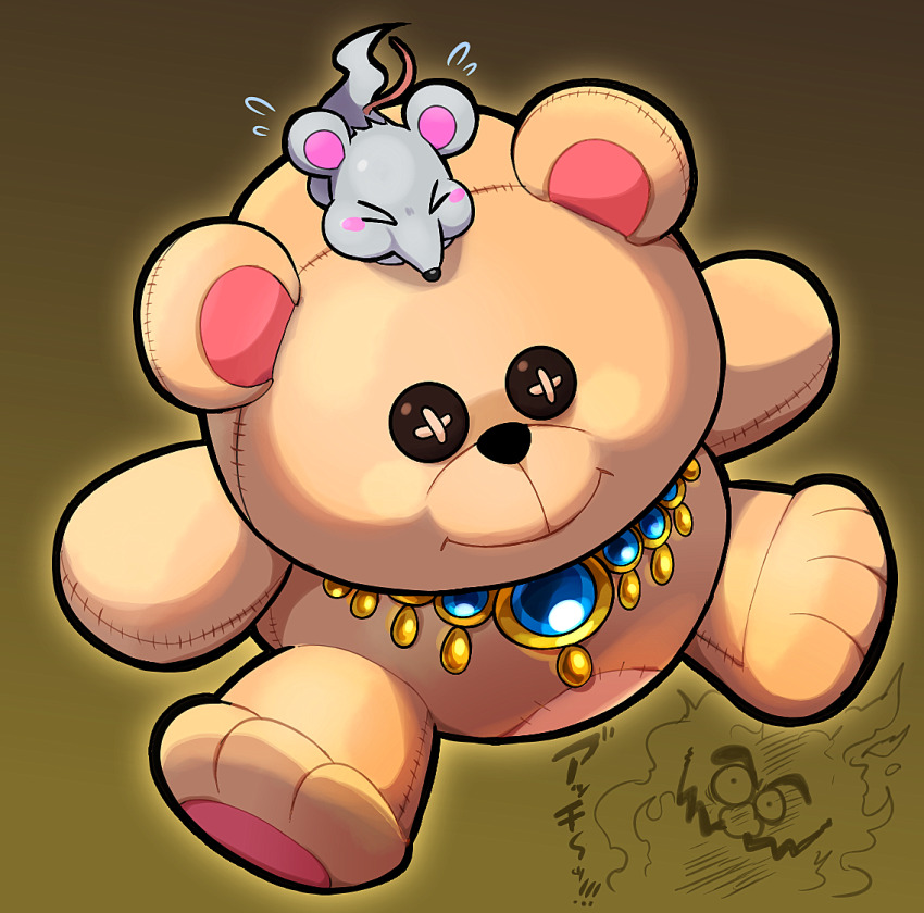 1boy aerodent animal_ears burning closed_eyes facial_hair fire flaming_wario flying_sweatdrops ghost_tail gold_necklace hoshi_(star-name2000) jewelry mouse_(animal) mouse_ears mustache necklace nintendo smile stuffed_animal stuffed_toy teddy_bear wario wario_land wario_land_4