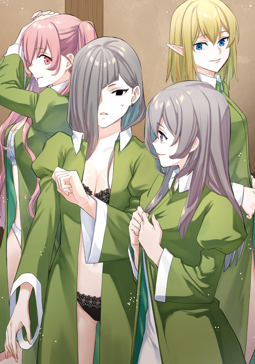 4girls adjusting_clothes arms_up asymmetrical_bangs black_bra black_eyes black_panties blue_eyes bra breasts cleavage closed_mouth collared_dress dress dungeon_ni_deai_wo_motomeru_no_wa_machigatteiru_darou_ka earrings elf green_dress green_hair grey_eyes grey_hair hair_over_one_eye hair_over_shoulder hair_tie_in_mouth hands_up heith_velvet highres horn_(danmachi) jewelry juliet_sleeves lace lace-trimmed_bra lace-trimmed_panties lace_trim long_bangs long_hair long_sleeves looking_at_another looking_to_the_side medium_breasts medium_hair momoyama_hinase mouth_hold multiple_girls novel_illustration official_art one_eye_covered open_clothes open_dress panties parted_lips pink_eyes pink_hair pointy_ears puffy_sleeves ryu_lion smile standing sweatdrop syr_flover third-party_source twintails tying_hair underwear white_bra white_panties