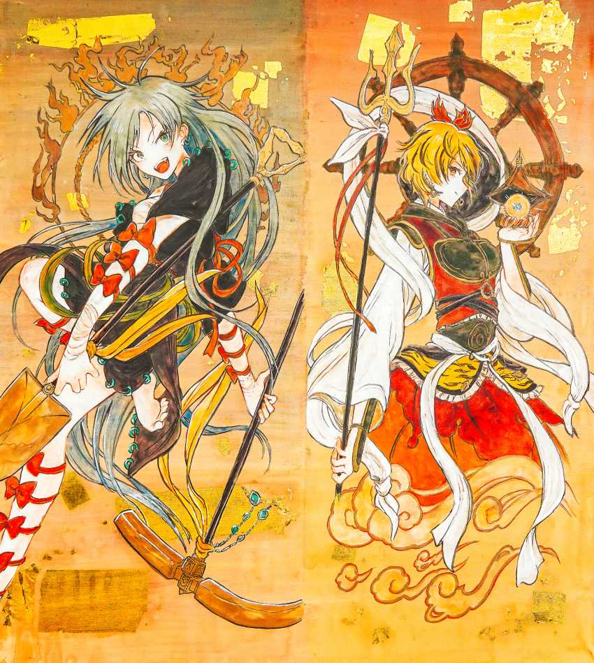 2girls :d arm_bow bishamonten&#039;s_pagoda black_shirt blonde_hair bow closed_mouth commentary_request dress earrings fine_art_parody grey_eyes grey_hair hagoromo highres himemushi_momoyo hisona_(suaritesumi) holding holding_pickaxe holding_shovel jewelry long_hair long_sleeves looking_at_viewer multiple_girls nihonga open_mouth orange_bow orange_dress parody pickaxe profile reitaisai ring shawl ship&#039;s_wheel shirt short_hair short_sleeves shovel sleeveless sleeveless_dress smile toramaru_shou touhou traditional_media white_shawl white_shirt yellow_eyes