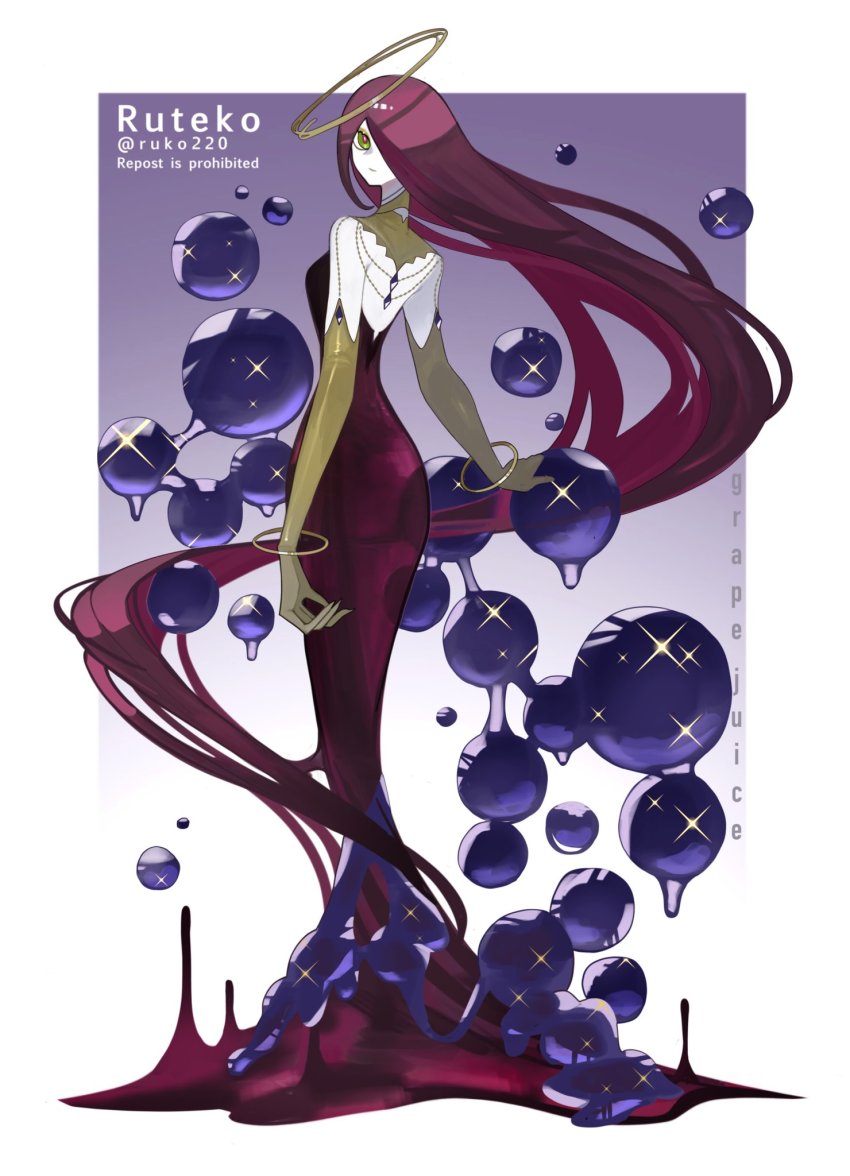 1girl absurdly_long_hair closed_mouth colored_skin dress elbow_gloves from_behind full_body gloves gradient_background green_eyes hair_over_one_eye halo highres long_dress long_hair looking_at_viewer looking_back one_eye_covered original purple_background red_dress red_hair ruteko_(ruko220) solo standing very_long_hair white_skin yellow_gloves