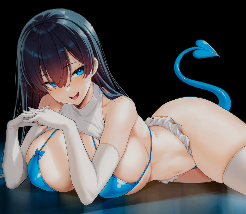 1girl :d absurdres bare_shoulders bikini black_background black_hair blue_bikini blue_eyes blush breasts commentary demon_girl demon_tail elbow_gloves english_commentary gloves highres huge_breasts kook long_hair looking_at_viewer lying navel on_stomach open_mouth original simple_background smile solo swimsuit tail teeth thighhighs thighs upper_teeth_only white_gloves white_thighhighs