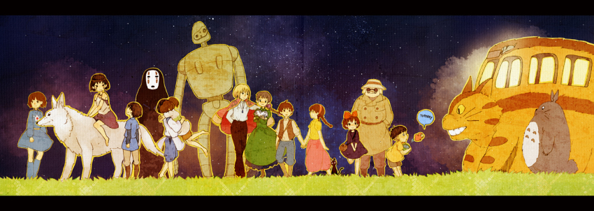 ashitaka bad_id bad_pixiv_id braid breasts brown_hair cat crossover gake_no_ue_no_ponyo hairband haku_(sen_to_chihiro_no_kamikakushi) hat howl_pendragon howl_no_ugoku_shiro jewelry jiji_(majo_no_takkyuubin) kaka123 kaonashi kaze_no_tani_no_nausicaa kiki_(majo_no_takkyuubin) kurenai_no_buta laputa_robot letterboxed long_hair majo_no_takkyuubin mononoke_hime multiple_boys multiple_girls nausicaa nekobus ogino_chihiro pazu ponyo porco_rosso_(character) san_(mononoke_hime) sen_to_chihiro_no_kamikakushi sheeta smile sousuke_(ponyo) studio_ghibli tenkuu_no_shiro_laputa teto_(nausicaa) tonari_no_totoro totoro twin_braids wolf