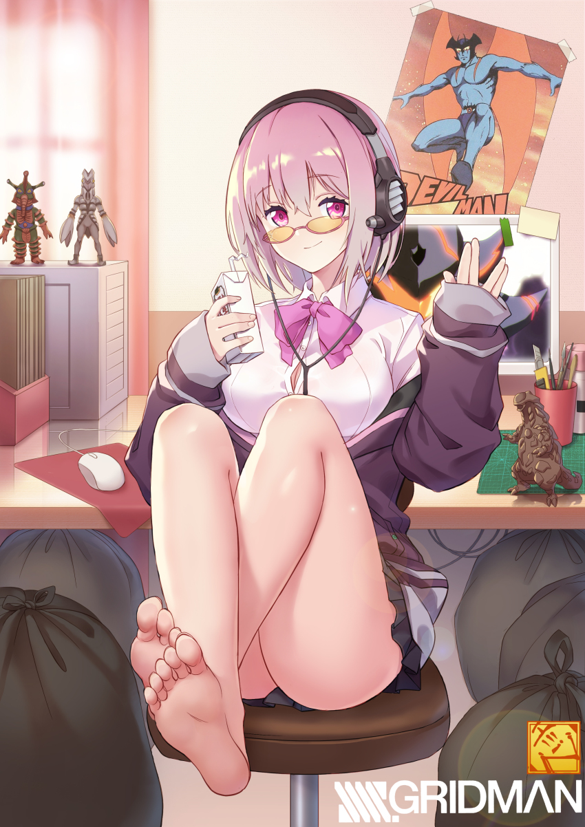 1girl absurdres alexis_kerib barefoot bow bowtie boxcutter breasts chair cleavage closed_mouth collared_shirt commentary_request computer computer_tower desk drink drinking_straw feet figure gridman_universe headphones heiz highres holding holding_drink indoors jacket knees_up large_breasts long_sleeves looking_at_viewer medium_breasts milk_carton monitor on_chair paintbrush poster_(object) purple_bow purple_bowtie purple_jacket school_uniform shinjou_akane shirt sitting smile soles solo ssss.gridman sunglasses trash_bag ultra_series ultraman_ace_(series) white_shirt