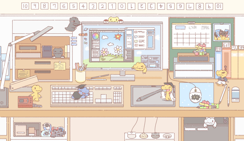 absurdres agumon agumon_(black) agumon_(digimon_savers) agumon_-yuki_no_kizuna- agumon_hakase bushiagumon clearagumon closed_eyes computer desk digimon digimon_(creature) digitamamon digivice happy highres computer_keyboard monitor computer_mouse nise_agumon_hakase open_mouth pen smile sword toyagumon toyagumon_(black) weapon yukiagumon