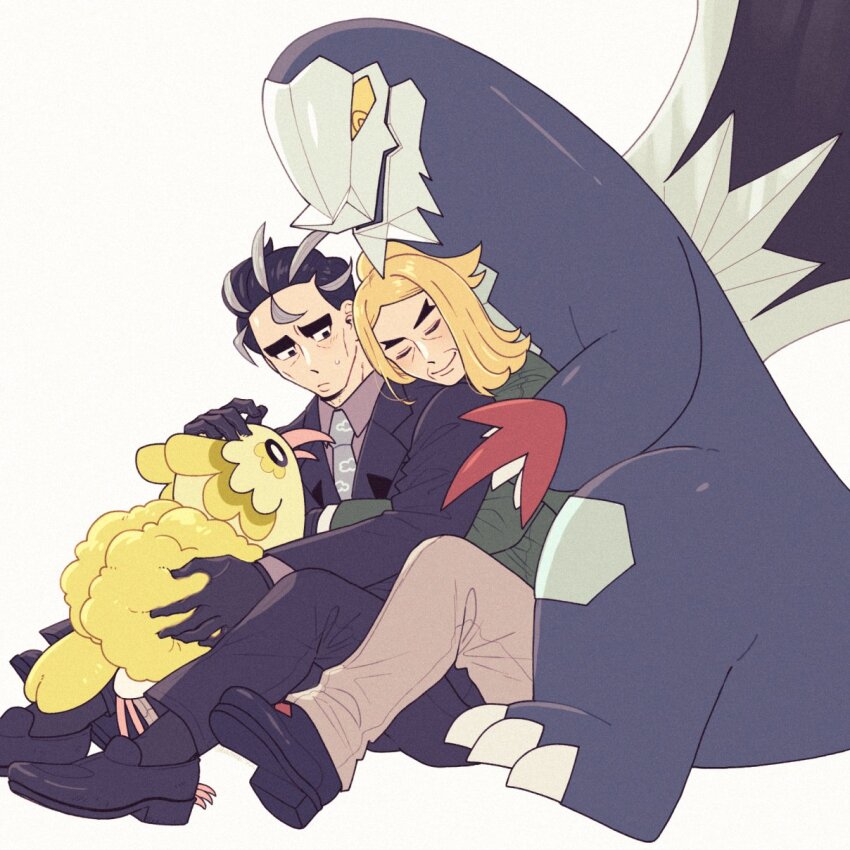 2boys batabiru baxcalibur black_footwear black_gloves black_hair black_pants black_suit blonde_hair blue_necktie blush brown_pants closed_eyes collared_shirt film_grain formal_clothes gen_7_pokemon gloves green_jacket grey_hair grey_shirt hassel_(pokemon) highres hug jacket larry_(pokemon) long_sleeves looking_at_another male_focus medium_hair multicolored_hair multiple_boys necktie nintendo oricorio oricorio_(pom-pom) pants petting pokemon pokemon_(creature) pokemon_sv shirt short_hair sitting small_sweatdrop streaked_hair suit suit_jacket thick_eyebrows two-tone_hair yaoi